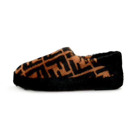 Fendi Men\'s Logo Print Real Fur Shearling & Leather Slip On Loafers Shoes main image 5